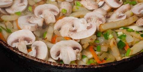 Fried vegetarian food. Mushrooms, celery and carrots