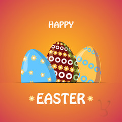 Three Easter eggs with patterns in the paper pocket on the gradient yellow background.