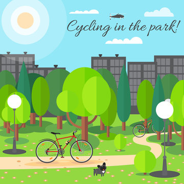 Vector poster of summer cycling in the city park with dog.