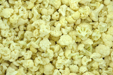 Frozen cauliflower background with ice and frost