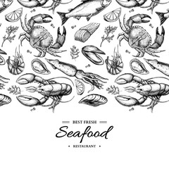 Seafood hand drawn vector framed illustration. Crab, lobster, shrimp, oyster, mussel, caviar and squid.