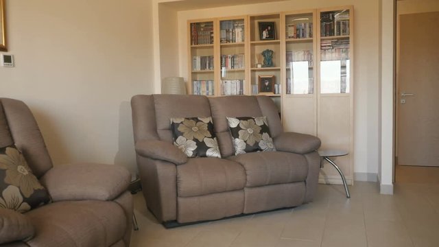 Modern design of living room with sofas and bookcase