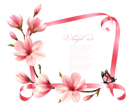 Nature background with blossom branch of pink magnolia and ribbon. Vector