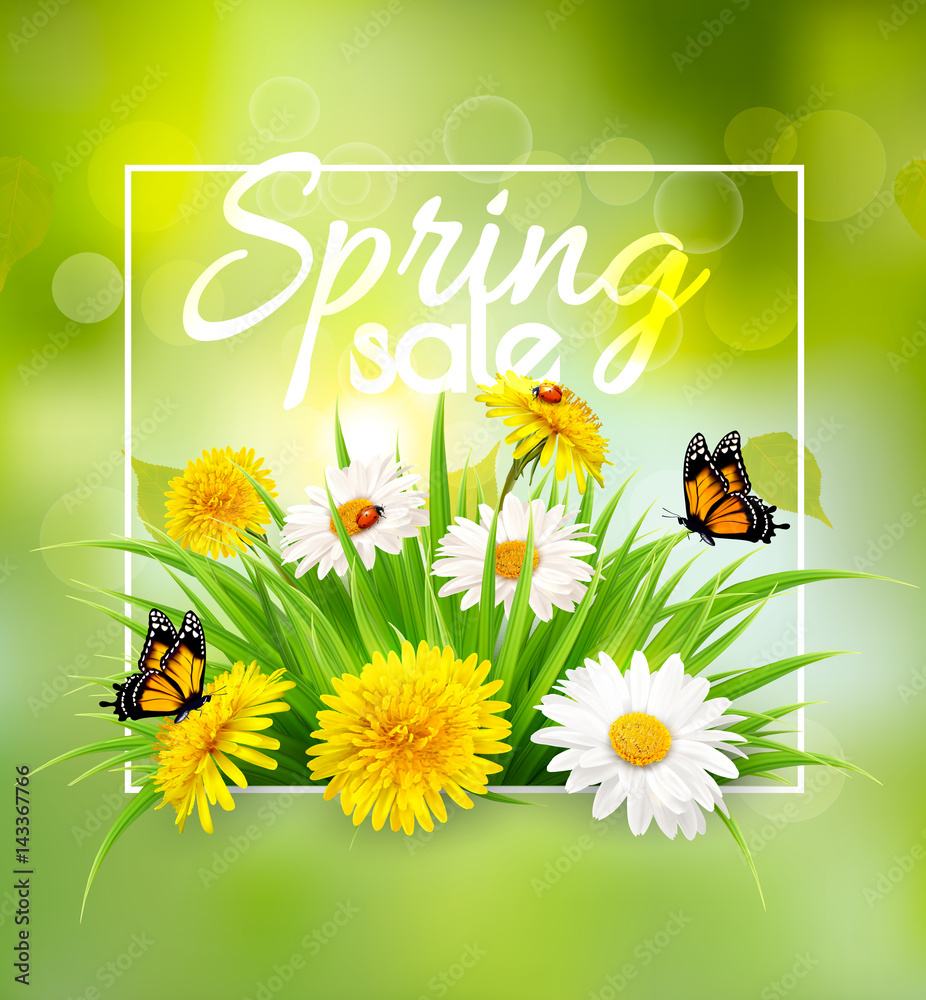Aufkleber spring sale background with flowers and butterfly. vector
