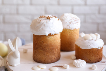 Traditional Russian Easter cake on brick wall background
