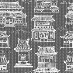 Asian houses seamless vector pattern in black and white colors.