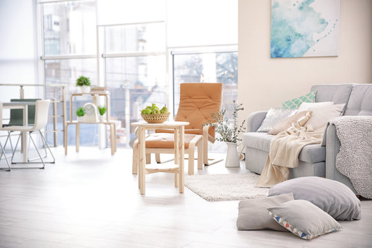 Modern interior of cozy living room