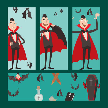 Cartoon dracula vector cards symbols vampire icons character funny man comic halloween and magic spell witchcraft ghost night devil tale illustration.