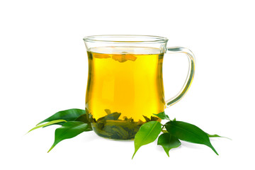 Cup of tea  and green leaves isolated on white