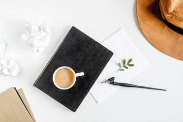 profession concept with writer tools on work desk background top view