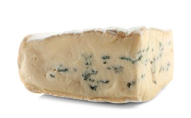 Piece of tasty cheese on white background, closeup