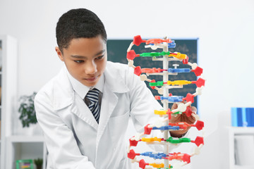School boy studying DNA model in chemistry class