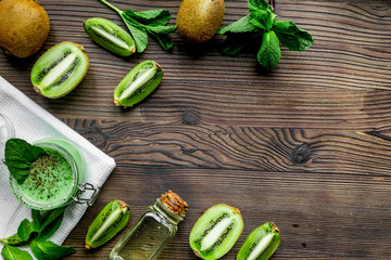 Natural kiwi scrub in cosmetic concept top view space for text