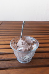 Ice cream in glass bowl on wooden table