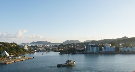 Fototapeta na wymiar Castries, St. Lucia waterfront Coastal view of Castries, Sta. Lucia, West Indies