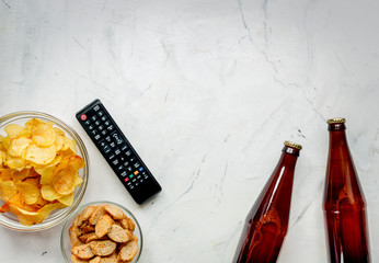 watching movies set with chips on white background top view mock up