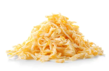 Gordijnen Pile of grated cheese on white background © Africa Studio