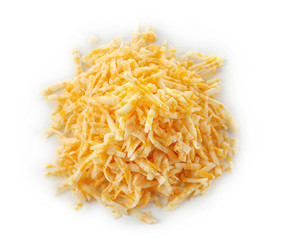 Pile of grated cheese on white background