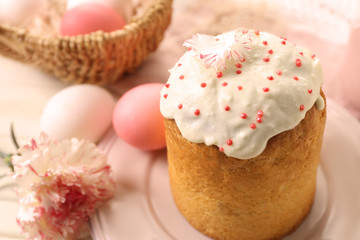 Delicious Easter cake and eggs, closeup