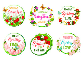 Vector spring time greeting quotes in icons set