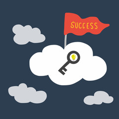 Key and success flag on cloud vector illustration, business concept