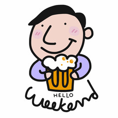 Man and glass of beer and happy weekend word cartoon vector illustration