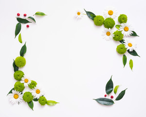 Wreath frame from chamomile and chrysanthemum flowers, ficus leaves and ripe rowan on white background. Overhead view. Flat lay.