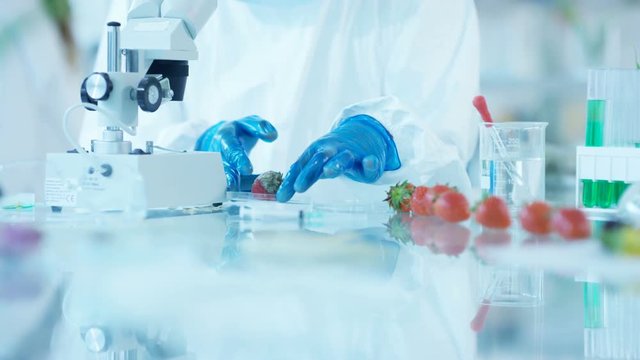 Food science researchers working in lab, man injecting chemicals into fruit