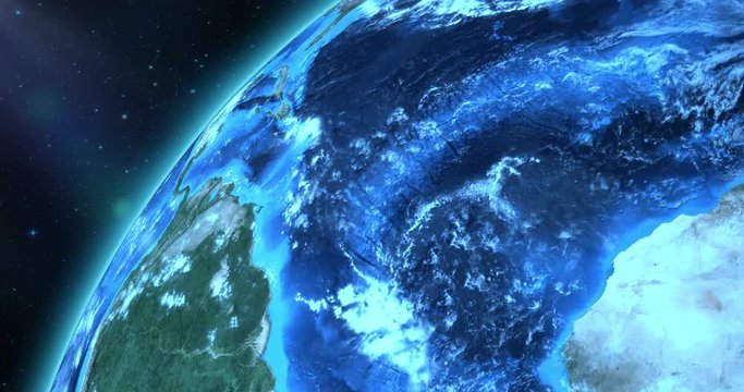 blue planet earth from space showing europe continent, globe world with blue glow edge and sun light sunrise on space in a star field background, some elements of this image furnished by NASA