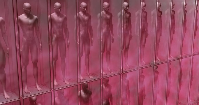 Human Clones suspended in boxes and pink fluid life support chambers. 3d render. Side view