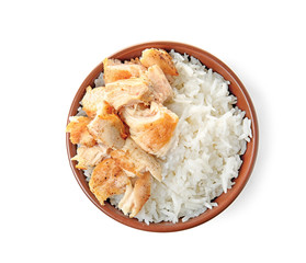 Bowl with chicken and rice isolated on white