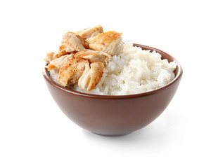 Bowl with chicken and rice isolated on white