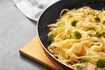 Frying pan with delicious chicken Alfredo, closeup