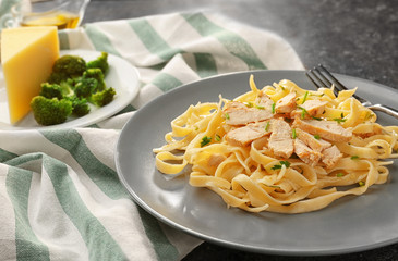 Plate with delicious Chicken Alfredo, closeup