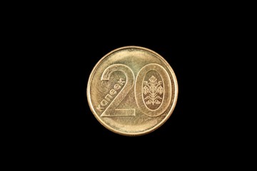 Belorussian twenty kopeck coin close up on a black background