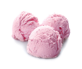 Scoops of delicious strawberry ice-cream on white background