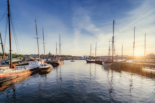 Sweden, Uppland, Stockholm, Djurgarden, Sailboats in port