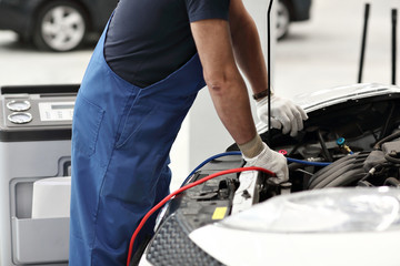 Mechanic work in automobile shop, repair climate on car