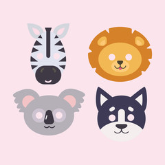 Animals carnival mask vector set festival decoration masquerade and party costume cute cartoon head decor isolated celebration vector illustration.