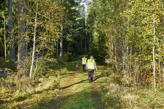 Sweden, Uppland, Rison, Volunteers with dog helping emergency services find missing people