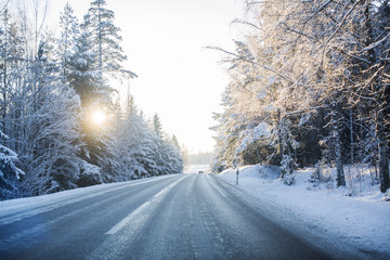 Sweden, Sodermanland, Strangnas, Empty road surrounded by snowy trees at sunrise