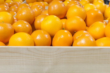 The pile of oranges in the wooden box with the white background