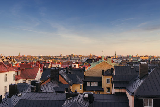 Sweden, Stockholm, Ostermalm, Cityscape seen from above rooftops