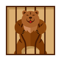 Vector Bear in Zoo cage. Strong Scary wild animal in captivity. Flat style colorful Cartoon illustration.
