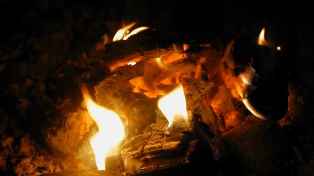 Burning CampFire with Wood in the Night with a Bright Flame