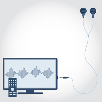 Television and cable with earphone unplugged. Sound wave symbol showing on monitor. Empty space for insert text. Flat design.