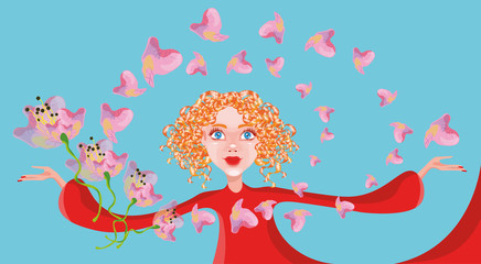 vector illustration with a beautiful blond girl with flowers 