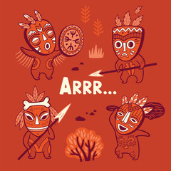 Set of stone age tribe people in masks