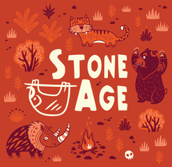 Prehistoric Stone Age vector print in cartoon style