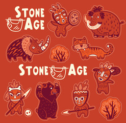 Vector sticker set of prehistoric animals and people in masks